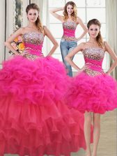  Three Piece Multi-color Organza Lace Up Vestidos de Quinceanera Sleeveless Floor Length Beading and Ruffles and Ruffled Layers and Sequins