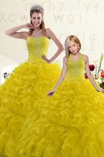 Super Gold Lace Up Quinceanera Dress Beading and Ruffles Sleeveless Floor Length