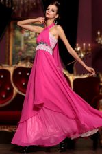  Halter Top Hot Pink Chiffon Zipper Prom Dresses Sleeveless Floor Length Beading and Lace