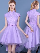 Low Price Tulle High-neck Short Sleeves Zipper Lace and Bowknot and Belt Damas Dress in Lavender