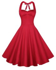 Custom Design Sleeveless Knee Length Ruching Backless Prom Dress with Red