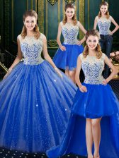 Latest Four Piece Royal Blue Sleeveless Tulle Brush Train Zipper Ball Gown Prom Dress for Military Ball and Sweet 16 and Quinceanera
