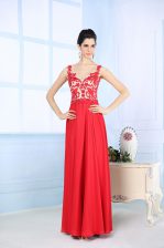 Coral Red Sleeveless Lace Floor Length 