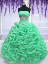  Apple Green Organza Lace Up Strapless Sleeveless Floor Length Quince Ball Gowns Beading
