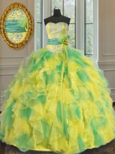  Halter Top Multi-color Sleeveless Beading and Appliques and Ruffles and Sashes ribbons and Hand Made Flower Floor Length Ball Gown Prom Dress