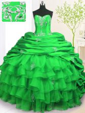 Glorious Green 15 Quinceanera Dress Military Ball and Sweet 16 and Quinceanera with Beading and Appliques and Ruffled Layers and Pick Ups Strapless Sleeveless Brush Train Lace Up