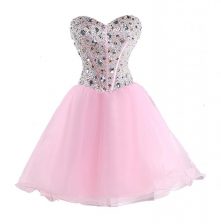 Enchanting Pink Sleeveless Beading Mini Length Prom Party Dress