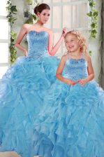 Beauteous Sleeveless Organza Floor Length Lace Up Quinceanera Gown in Aqua Blue with Beading and Ruffles