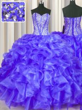  Purple Organza Lace Up Sweetheart Sleeveless Floor Length Sweet 16 Quinceanera Dress Beading and Ruffles
