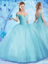  Aqua Blue Tulle Lace Up Off The Shoulder Sleeveless Floor Length Quinceanera Gowns Beading
