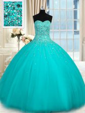 Cute Turquoise Ball Gowns Sweetheart Sleeveless Tulle Floor Length Lace Up Beading Quinceanera Dresses