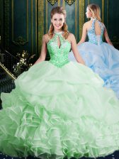  Organza Lace Up Halter Top Sleeveless Quinceanera Gowns Brush Train Beading and Lace and Appliques and Ruffles and Pick Ups
