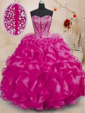  Fuchsia Sleeveless Floor Length Beading and Ruffles Lace Up Quinceanera Dress