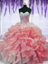  Sleeveless Organza Floor Length Lace Up Quinceanera Dress in Red with Beading and Ruffles
