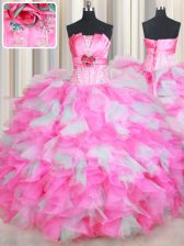 Stunning Pink And White Sleeveless Beading and Ruffles and Hand Made Flower Floor Length 15 Quinceanera Dress