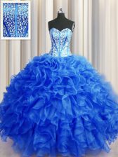 Sumptuous Visible Boning Beaded Bodice Royal Blue Lace Up Sweet 16 Dresses Beading and Ruffles Sleeveless Floor Length