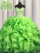 Unique Visible Boning Brush Train Green Sleeveless Organza Sweep Train Lace Up 15th Birthday Dress for Military Ball and Sweet 16 and Quinceanera