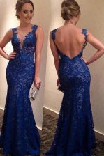 Smart Blue Backless Prom Dresses Lace Sleeveless With Brush Train