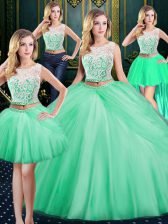 Pretty Four Piece Scoop Tulle Sleeveless Floor Length 15 Quinceanera Dress and Lace and Pick Ups