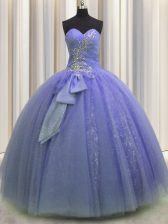 Extravagant Sleeveless Floor Length Beading and Sequins and Bowknot Lace Up Quinceanera Dresses with Lavender