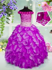  Off the Shoulder Lavender Sleeveless Beading and Hand Made Flower Floor Length Party Dress for Toddlers