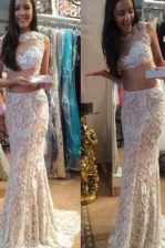 Popular White Mermaid Scoop Sleeveless Lace With Brush Train Zipper Beading Dress for Prom