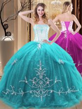  Aqua Blue Sleeveless Tulle Lace Up Sweet 16 Quinceanera Dress for Military Ball and Sweet 16 and Quinceanera