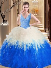 Eye-catching Blue And White Sleeveless Lace and Appliques and Ruffles Floor Length Quinceanera Gown