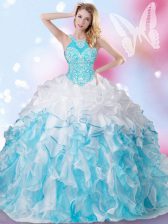  Blue And White Ball Gowns Organza Halter Top Sleeveless Beading and Ruffles and Pick Ups Floor Length Lace Up 15 Quinceanera Dress