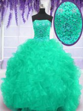  Turquoise Quince Ball Gowns Military Ball and Sweet 16 and Quinceanera with Beading and Appliques and Ruffles Strapless Sleeveless Brush Train Lace Up