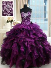  Floor Length Purple Quinceanera Gown Organza Sleeveless Beading and Ruffles and Ruffled Layers and Sequins
