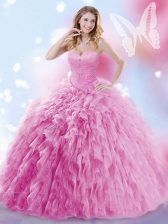  Rose Pink Ball Gowns Tulle Sweetheart Sleeveless Beading and Ruffles Lace Up Ball Gown Prom Dress Brush Train