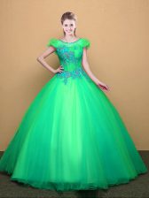 Customized Turquoise Lace Up Scoop Appliques Quinceanera Dress Tulle Short Sleeves
