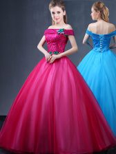  Off the Shoulder Fuchsia Tulle Lace Up 15 Quinceanera Dress Sleeveless Floor Length Beading and Appliques