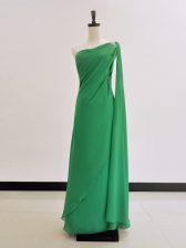  Green One Shoulder Neckline Ruching Prom Gown Long Sleeves Zipper