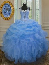 Smart Straps Floor Length Zipper 15 Quinceanera Dress Blue for Military Ball and Sweet 16 and Quinceanera with Beading and Ruffles