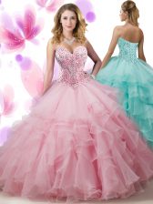 Graceful Pink Organza Lace Up Sweetheart Sleeveless Floor Length Quinceanera Gown Beading and Ruffled Layers