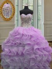 Perfect Lilac Sleeveless Floor Length Beading and Ruffles Lace Up 15th Birthday Dress