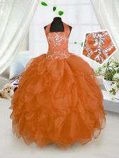  Halter Top Sleeveless Floor Length Beading and Ruffles Lace Up Party Dress for Toddlers with Orange Red