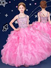 Attractive Floor Length Rose Pink Party Dress Wholesale Asymmetric Sleeveless Zipper