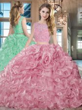 Fabulous Pink Organza Lace Up 15 Quinceanera Dress Sleeveless With Brush Train Lace and Ruffles