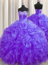Modest Purple Sleeveless Beading and Ruffles Lace Up Vestidos de Quinceanera