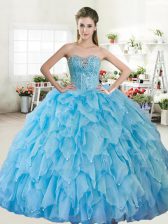 Attractive Floor Length Lace Up 15 Quinceanera Dress Baby Blue for Military Ball and Sweet 16 and Quinceanera with Beading