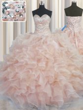 Vintage Pink Ball Gowns Organza Sweetheart Sleeveless Beading and Ruffles Floor Length Lace Up Vestidos de Quinceanera