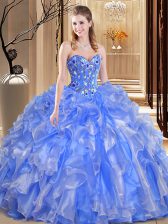 Affordable Blue Organza Lace Up Quince Ball Gowns Sleeveless Floor Length Beading and Embroidery and Ruffles