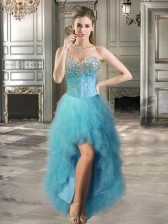  High Low Teal Prom Dress Tulle Sleeveless Beading and Ruffles