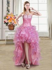  Sequins Ball Gowns Prom Party Dress Pink Sweetheart Organza Sleeveless High Low Lace Up