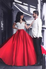 Exquisite Off The Shoulder Short Sleeves Floor Length Appliques Red Elastic Woven Satin