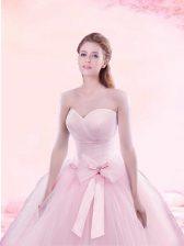  Baby Pink Lace Up Sweetheart Ruching and Bowknot 15th Birthday Dress Tulle Sleeveless Brush Train
