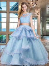 Stunning Scoop Cap Sleeves Tulle Floor Length Zipper Quinceanera Gown in Light Blue with Beading and Lace and Appliques and Ruffled Layers